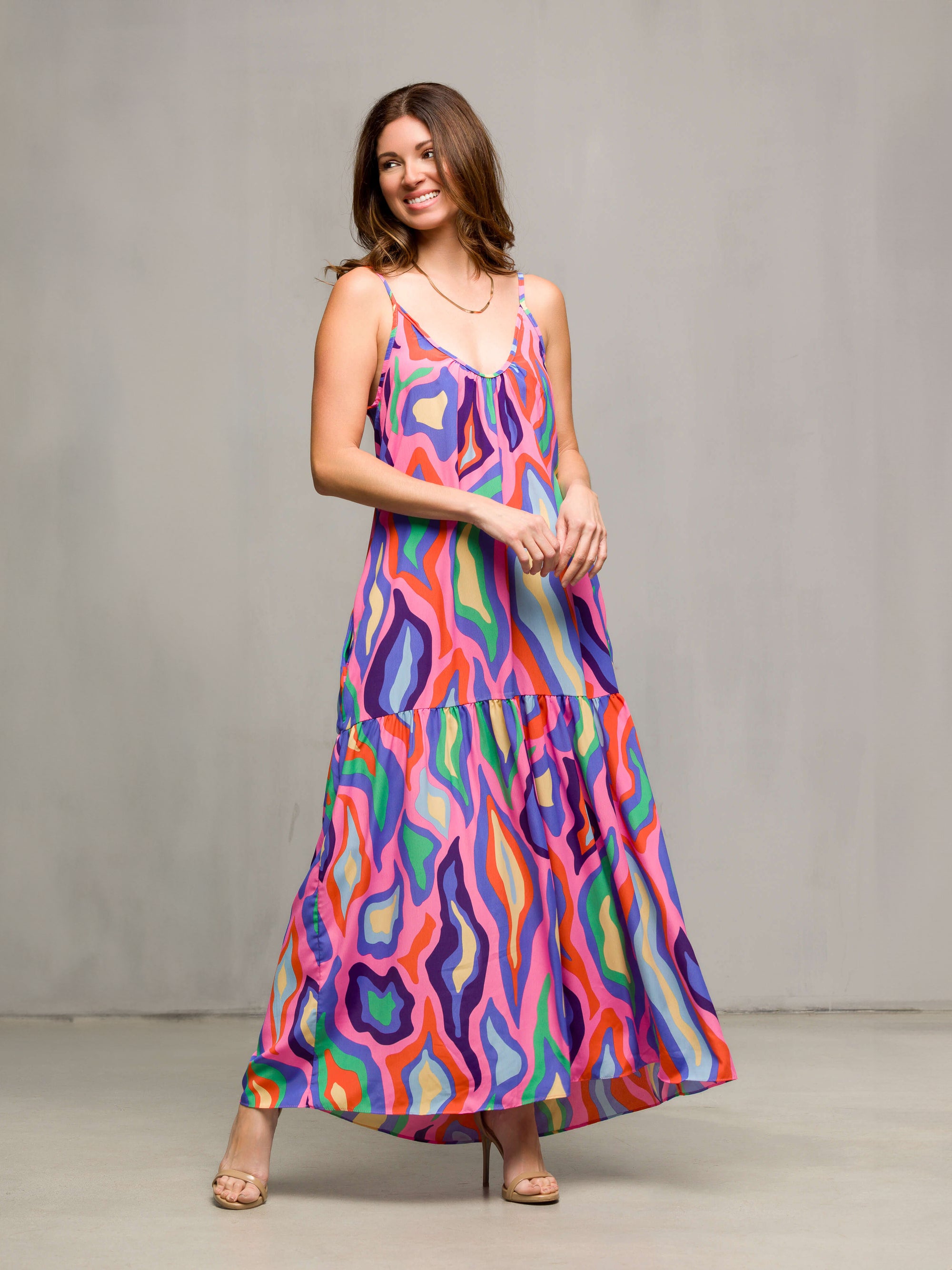 24seven Comfort Apparel Multicolor Lightweight Spaghetti Strap Pocket Maxi Dress