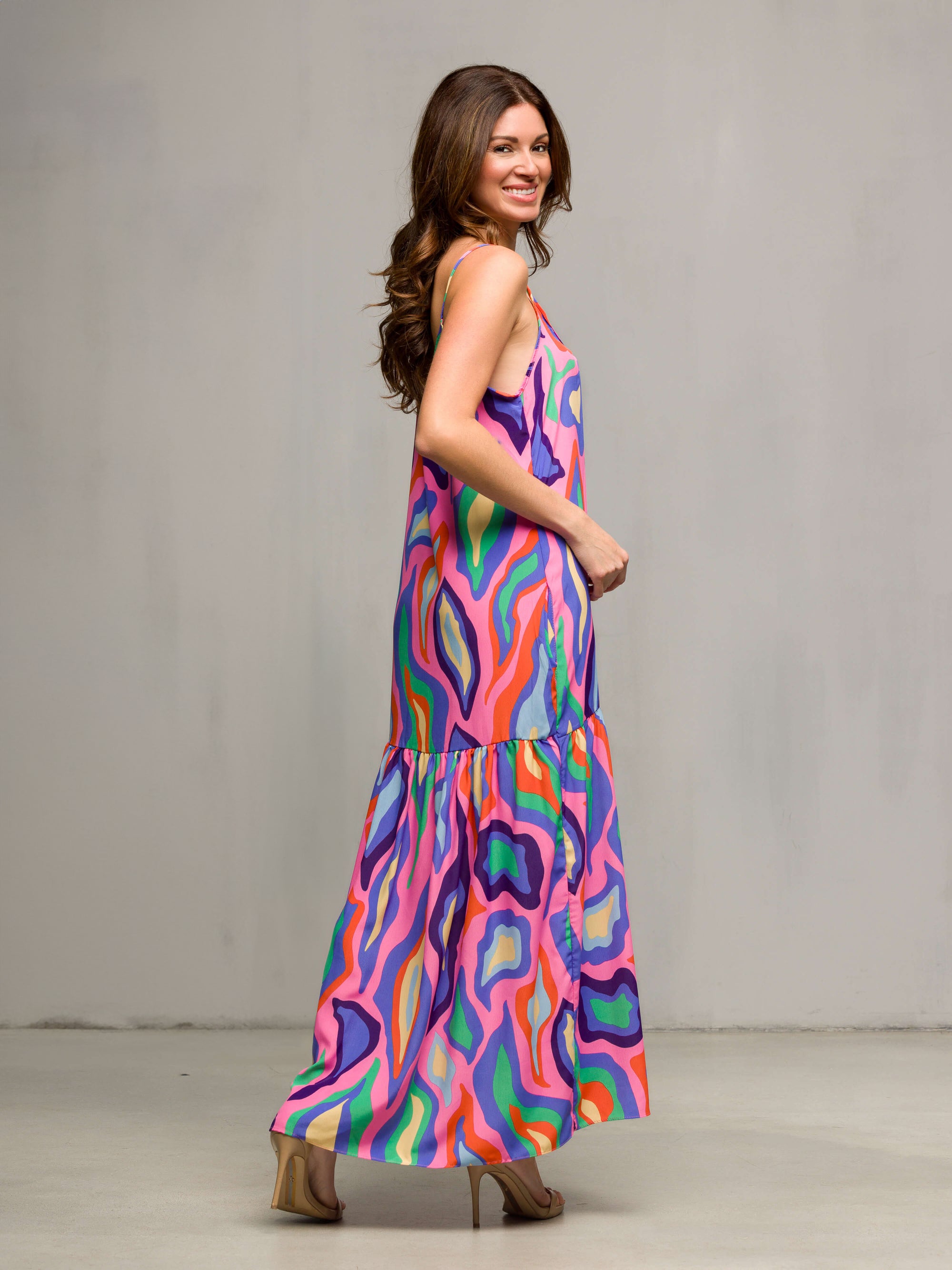 24seven Comfort Apparel Multicolor Lightweight Spaghetti Strap Pocket Maxi Dress