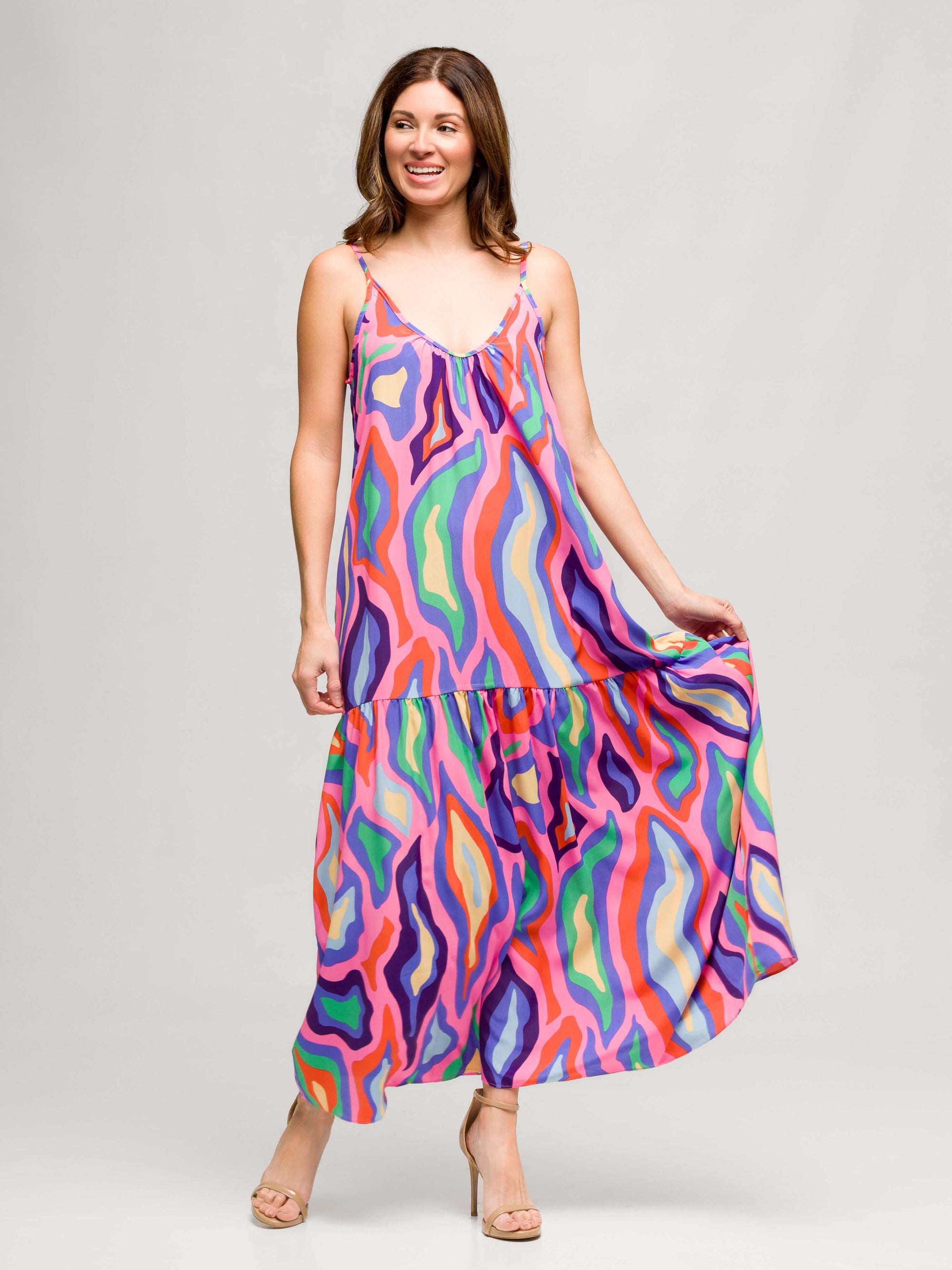 24seven Comfort Apparel Multicolor Lightweight Spaghetti Strap Pocket Maxi Dress