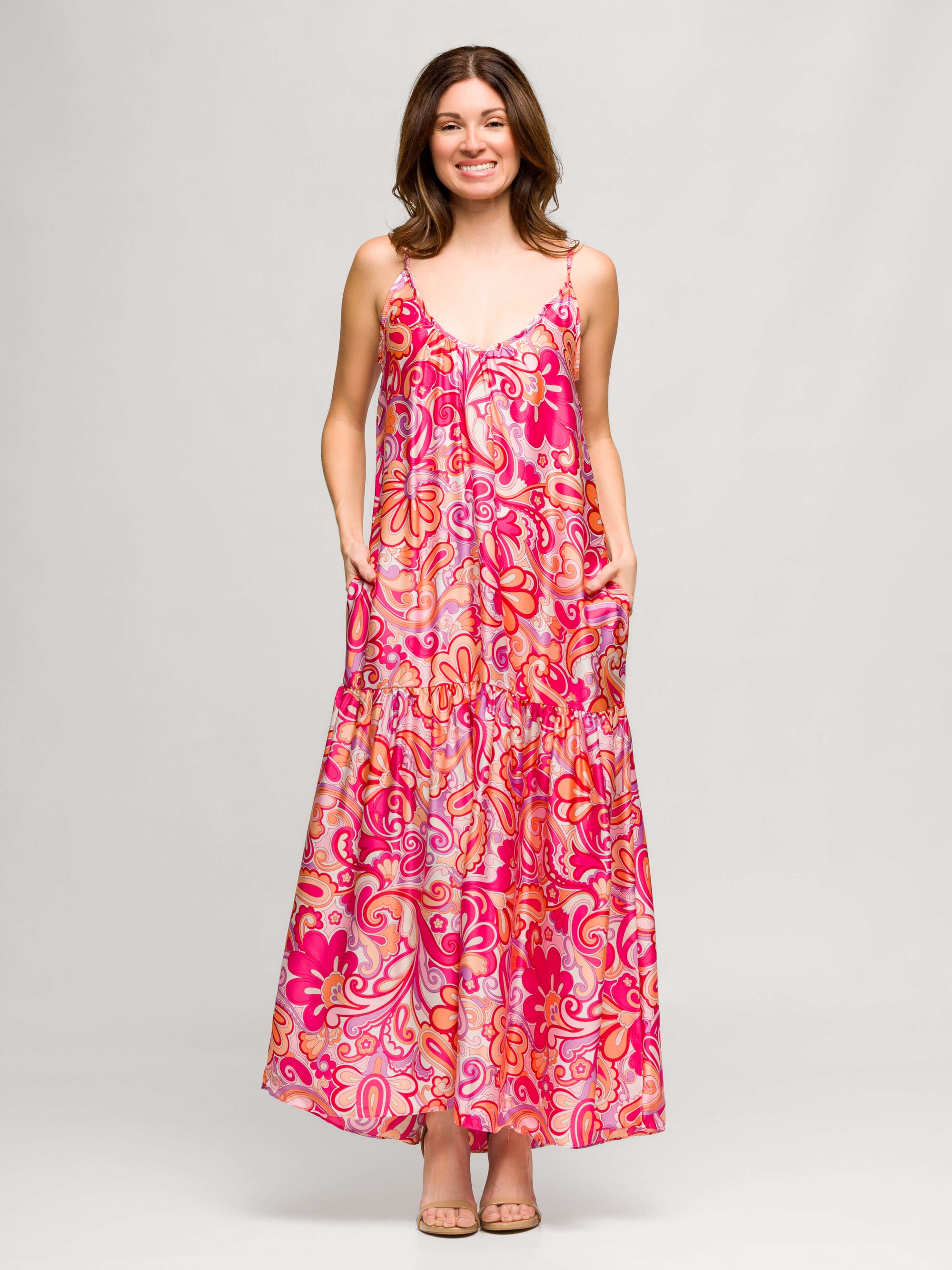 24seven Comfort Apparel Pink Print Lightweight Spaghetti Strap Pocket Maxi Dress