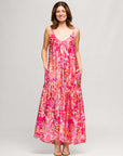 24seven Comfort Apparel Pink Print Lightweight Spaghetti Strap Pocket Maxi Dress