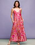 24seven Comfort Apparel Pink Print Lightweight Spaghetti Strap Pocket Maxi Dress