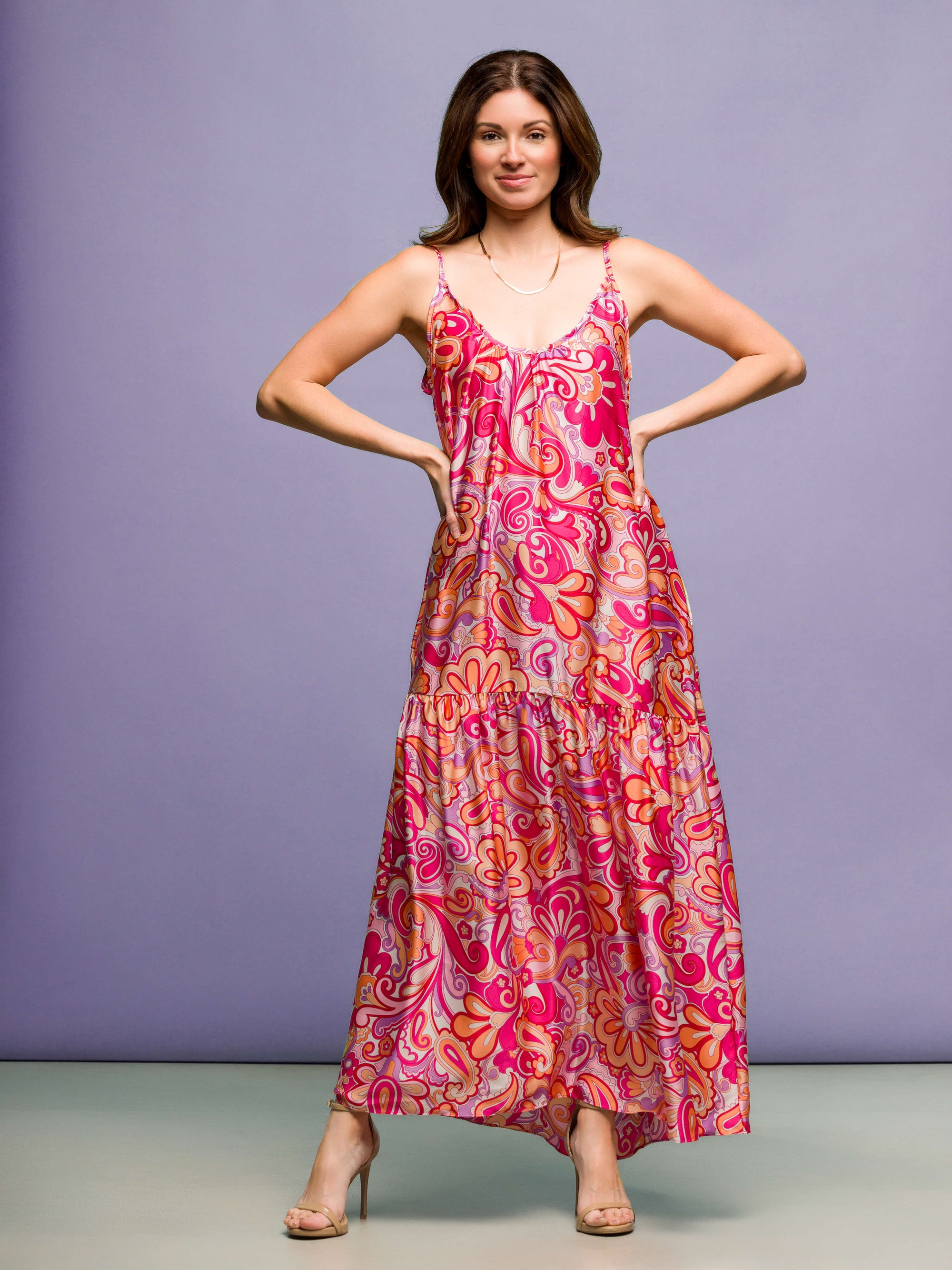 24seven Comfort Apparel Pink Print Lightweight Spaghetti Strap Pocket Maxi Dress