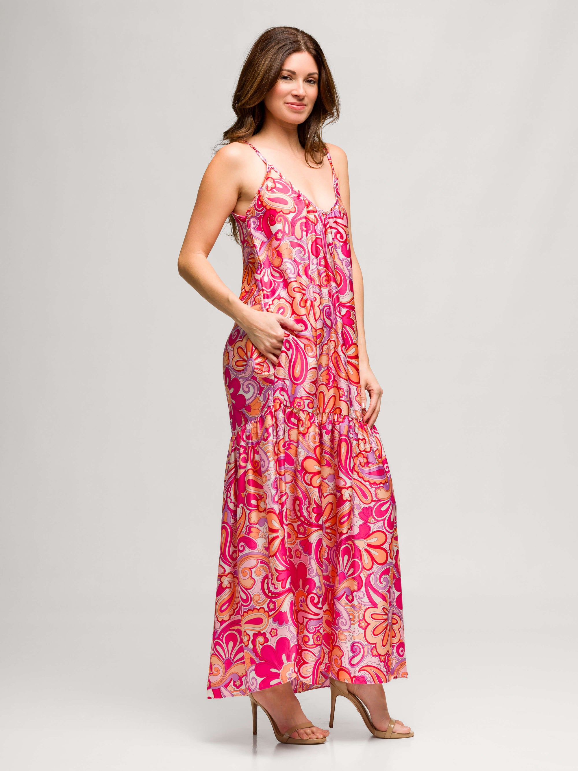 24seven Comfort Apparel Pink Print Lightweight Spaghetti Strap Pocket Maxi Dress