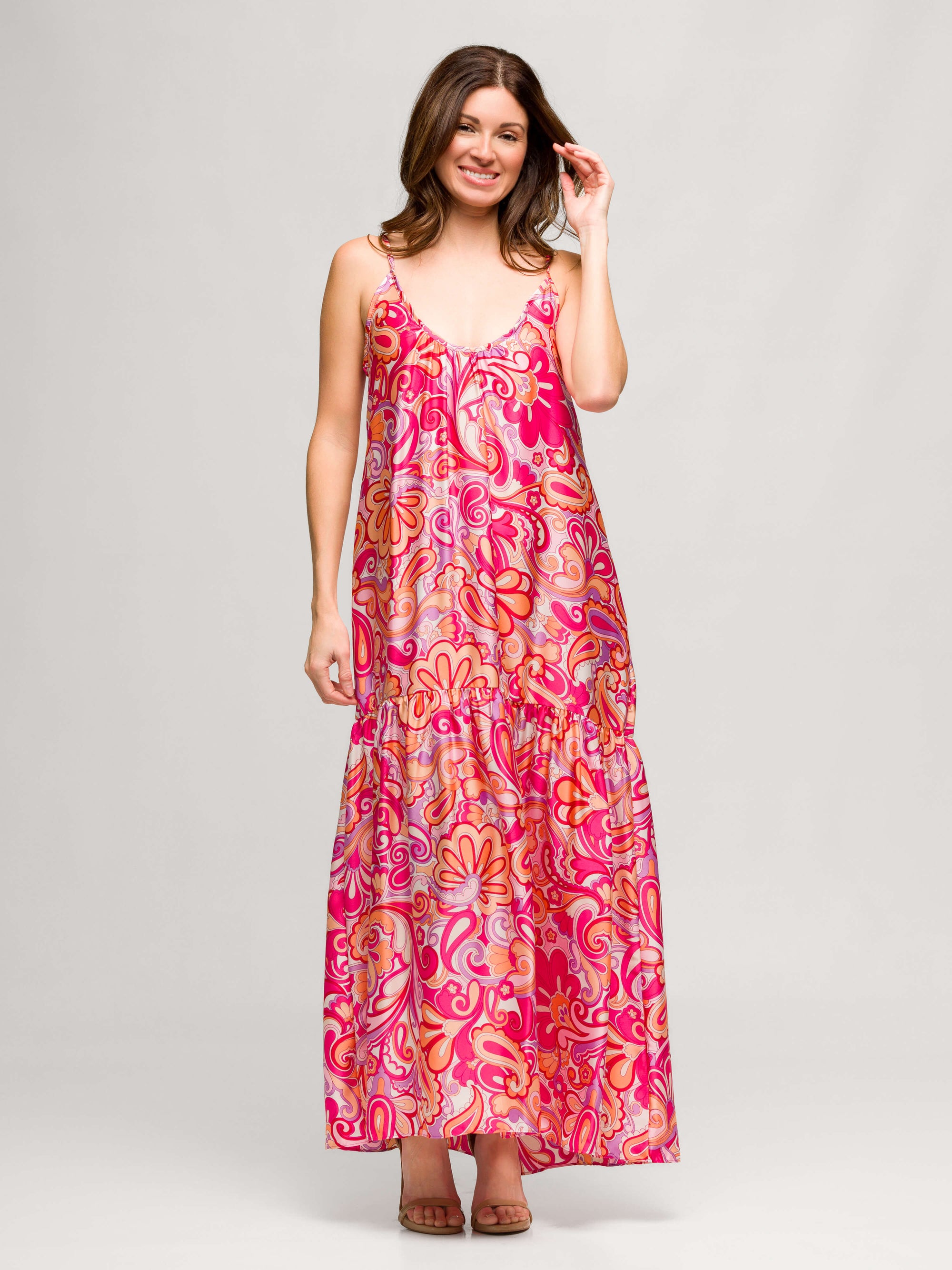 24seven Comfort Apparel Pink Print Lightweight Spaghetti Strap Pocket Maxi Dress