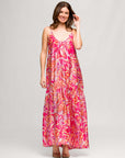 24seven Comfort Apparel Pink Print Lightweight Spaghetti Strap Pocket Maxi Dress