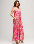 24seven Comfort Apparel Pink Print Lightweight Spaghetti Strap Pocket Maxi Dress