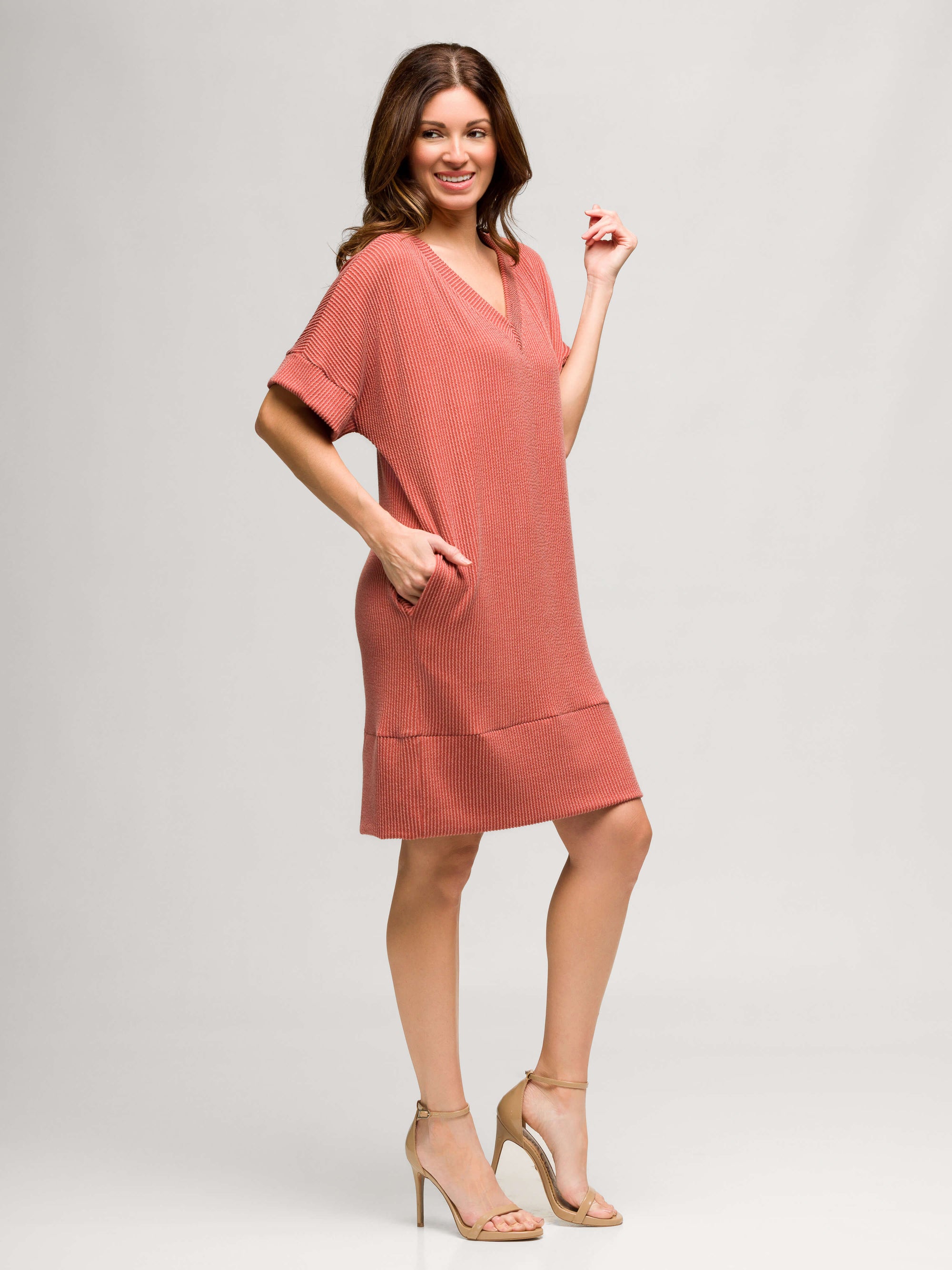 24seven Comfort Apparel Womens V Neck Loose Fit Short Sleeve Pocket T Shirt Dress