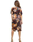 24seven Comfort Apparel Short Sleeve Knot Front Midi Dress in Brown Multi Paisley Print