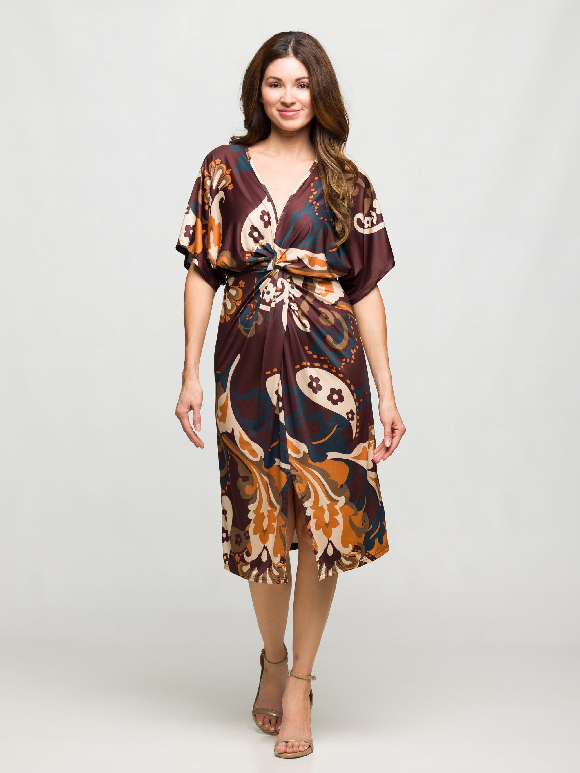 24seven Comfort Apparel Short Sleeve Knot Front Midi Dress in Brown Multi Paisley Print