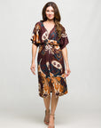 24seven Comfort Apparel Short Sleeve Knot Front Midi Dress in Brown Multi Paisley Print