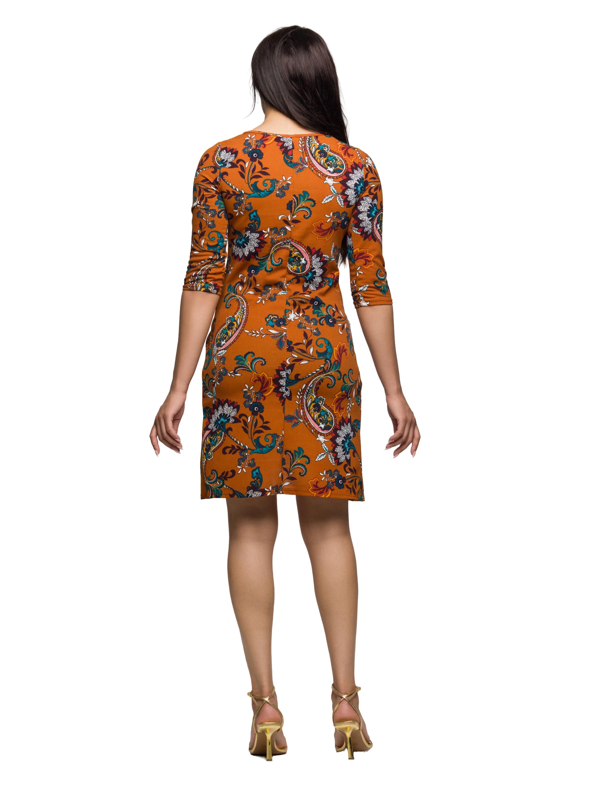 24seven Comfort Apparel Elbow Sleeve Ruched Tulip Fall Print Mini Dress