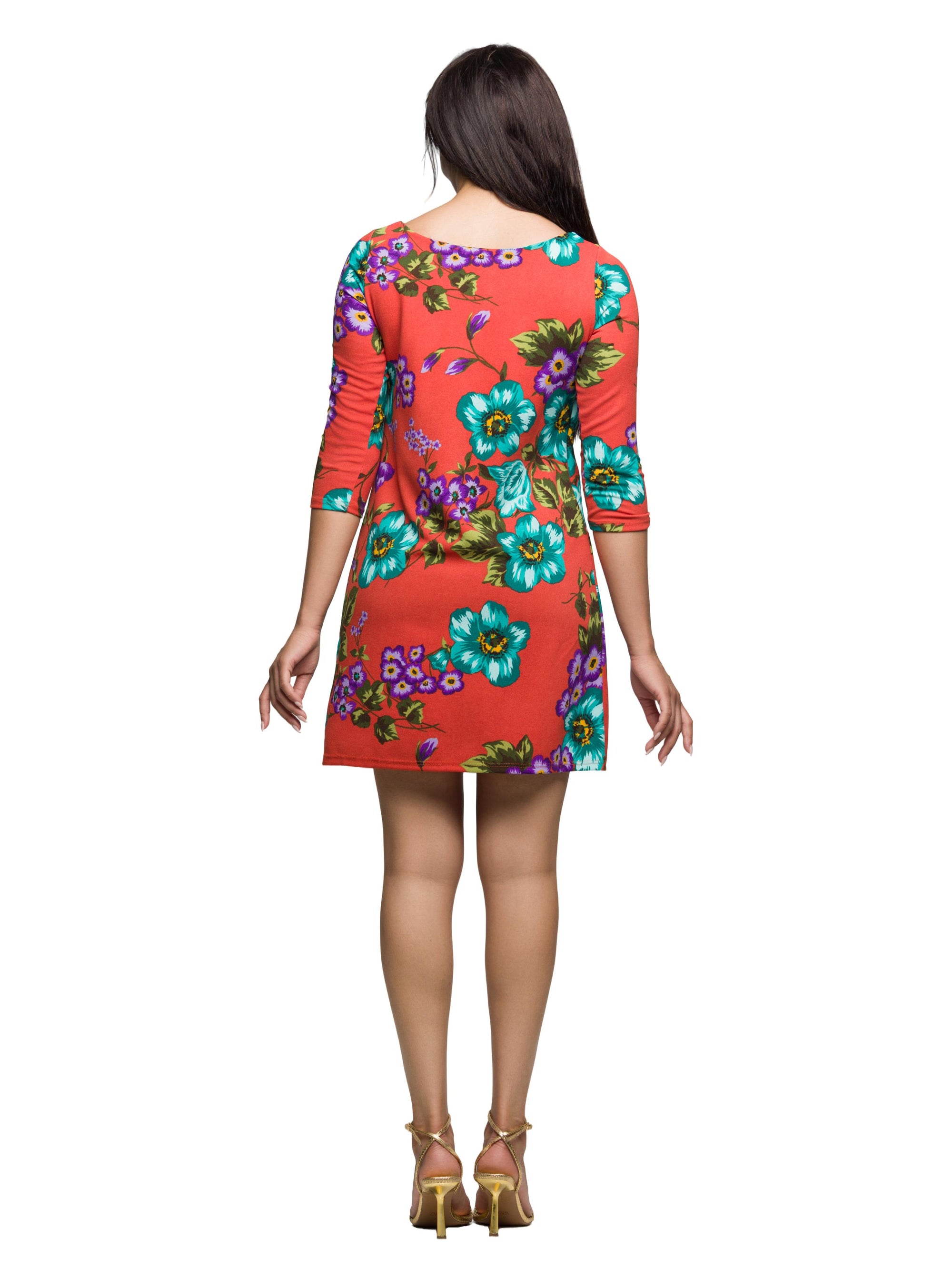 24seven Comfort Apparel Orange Floral Print Three Quarter Sleeve A Line Knee Length Dress