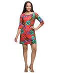 24seven Comfort Apparel Orange Floral Print Three Quarter Sleeve A Line Knee Length Dress
