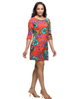 24seven Comfort Apparel Orange Floral Print Three Quarter Sleeve A Line Knee Length Dress