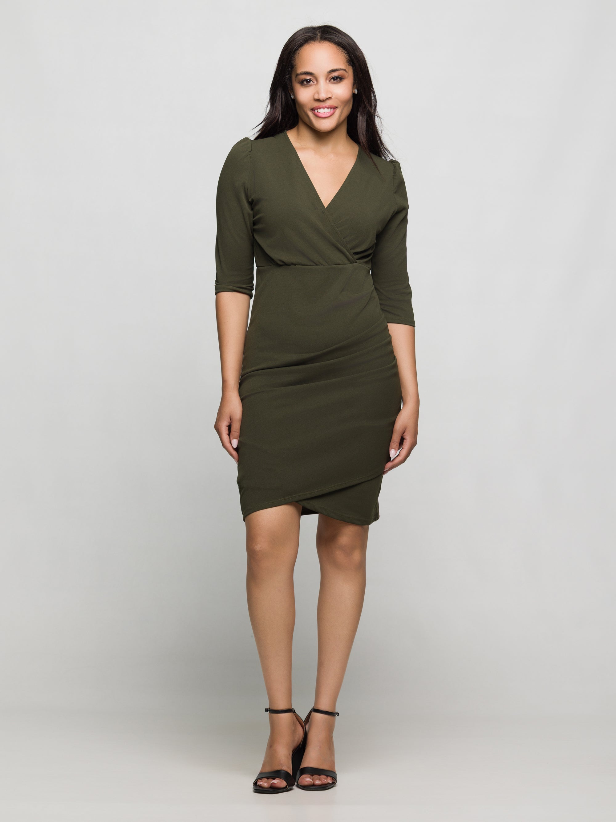24seven Comfort Apparel Solid Color V Neck Faux Wrap Dress