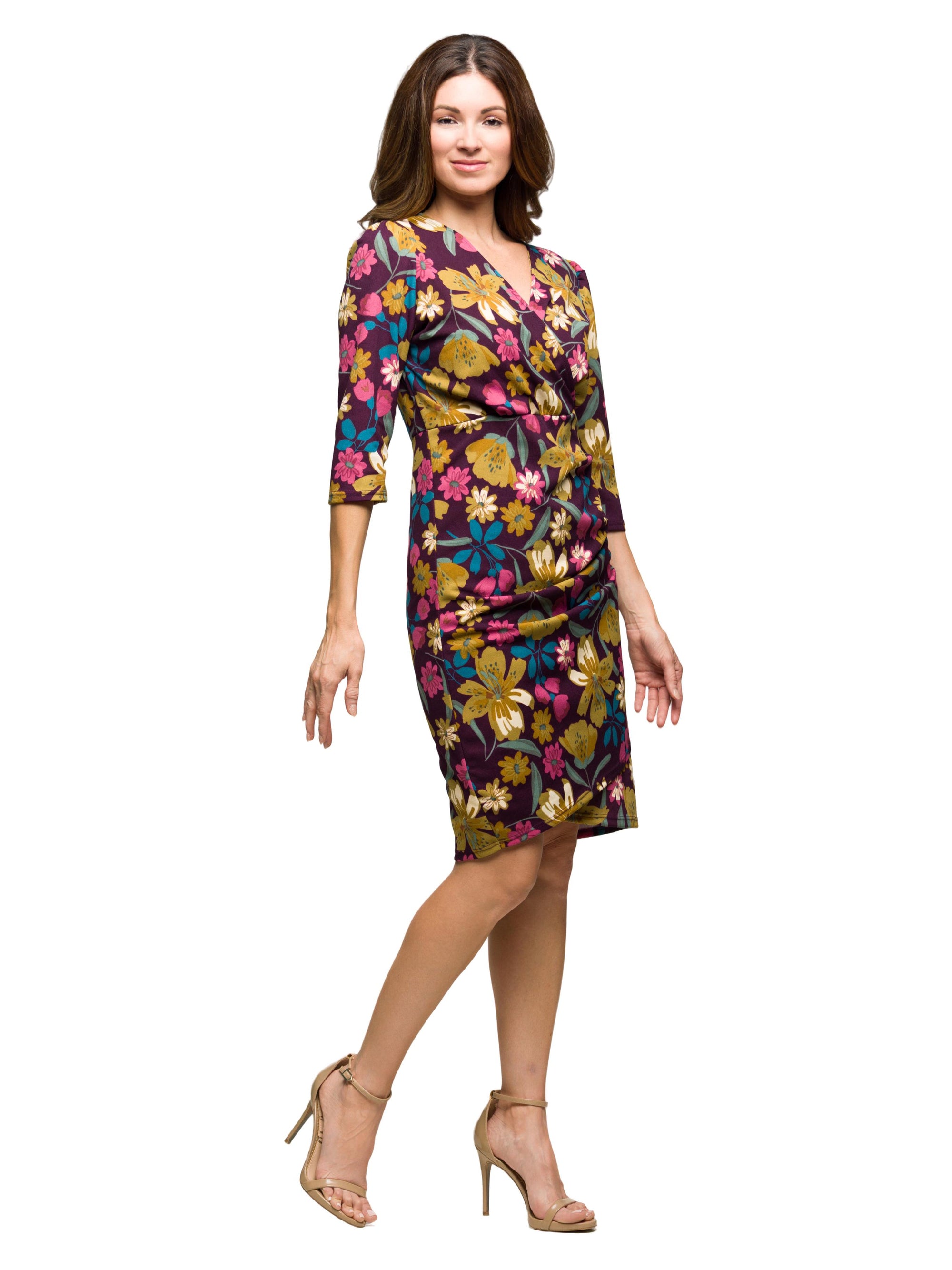 24seven Comfort Apparel Floral Print Faux Wrap Dress