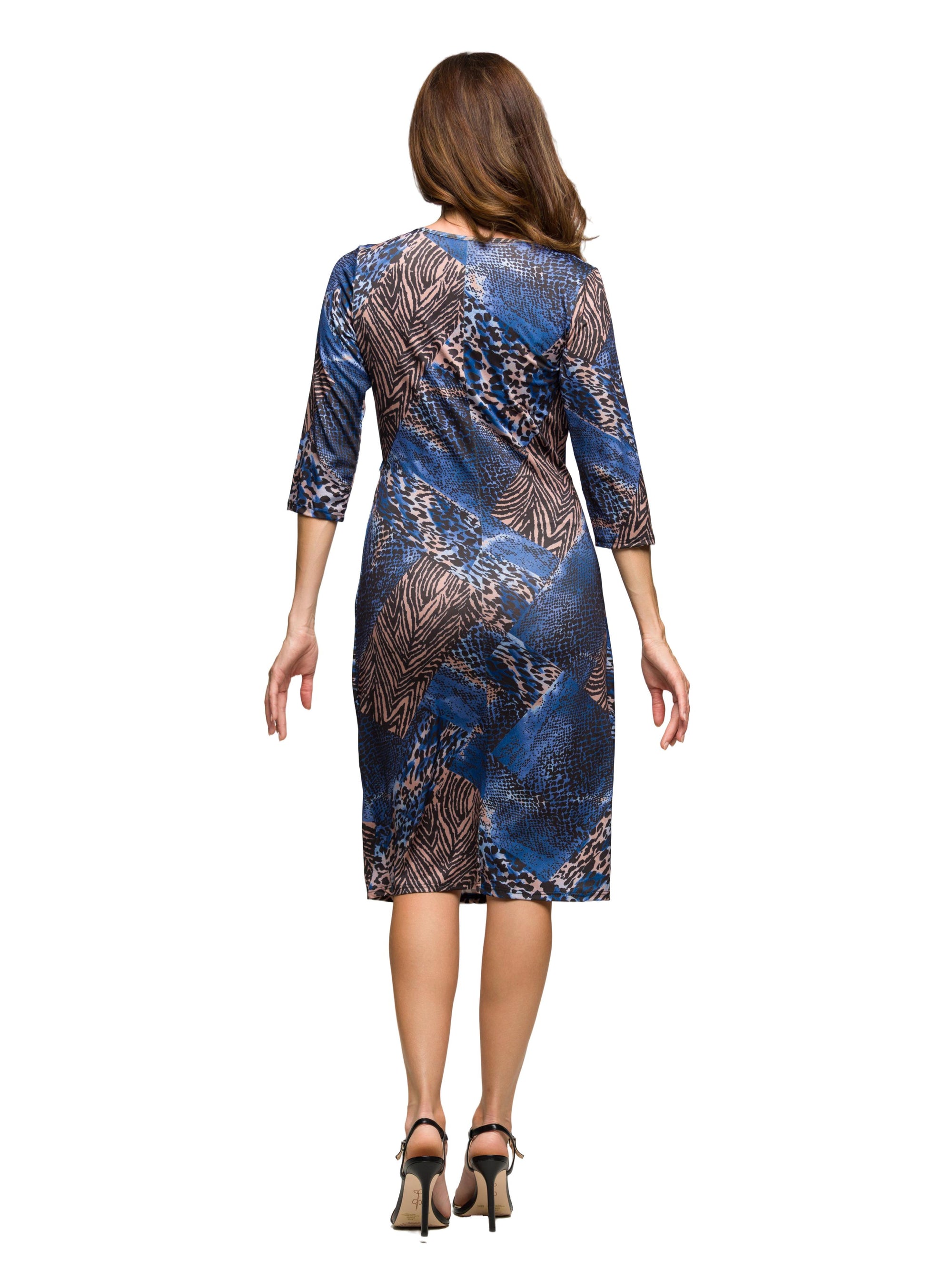 24seven Comfort Apparel Three Quarter Sleeve Faux Wrap Dress in Blue Animal Print