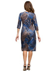 24seven Comfort Apparel Three Quarter Sleeve Faux Wrap Dress in Blue Animal Print