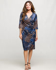 24seven Comfort Apparel Three Quarter Sleeve Faux Wrap Dress in Blue Animal Print