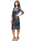 24seven Comfort Apparel Three Quarter Sleeve Faux Wrap Dress in Blue Animal Print