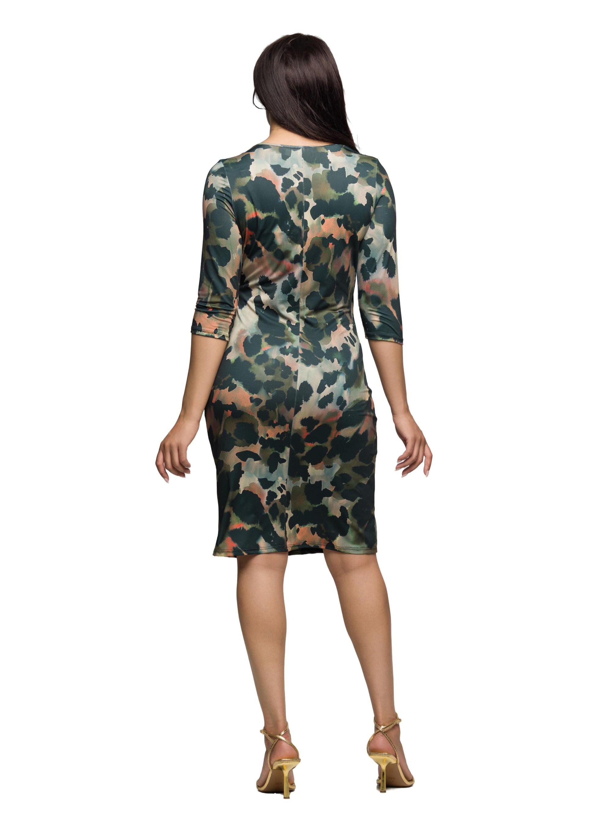 24seven Comfort Apparel Three Quarter Sleeve Faux Wrap Dress in Green Animal Print