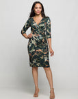 24seven Comfort Apparel Three Quarter Sleeve Faux Wrap Dress in Green Animal Print