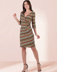 Fall Geometric Print Knee Length Faux Wrap Dress