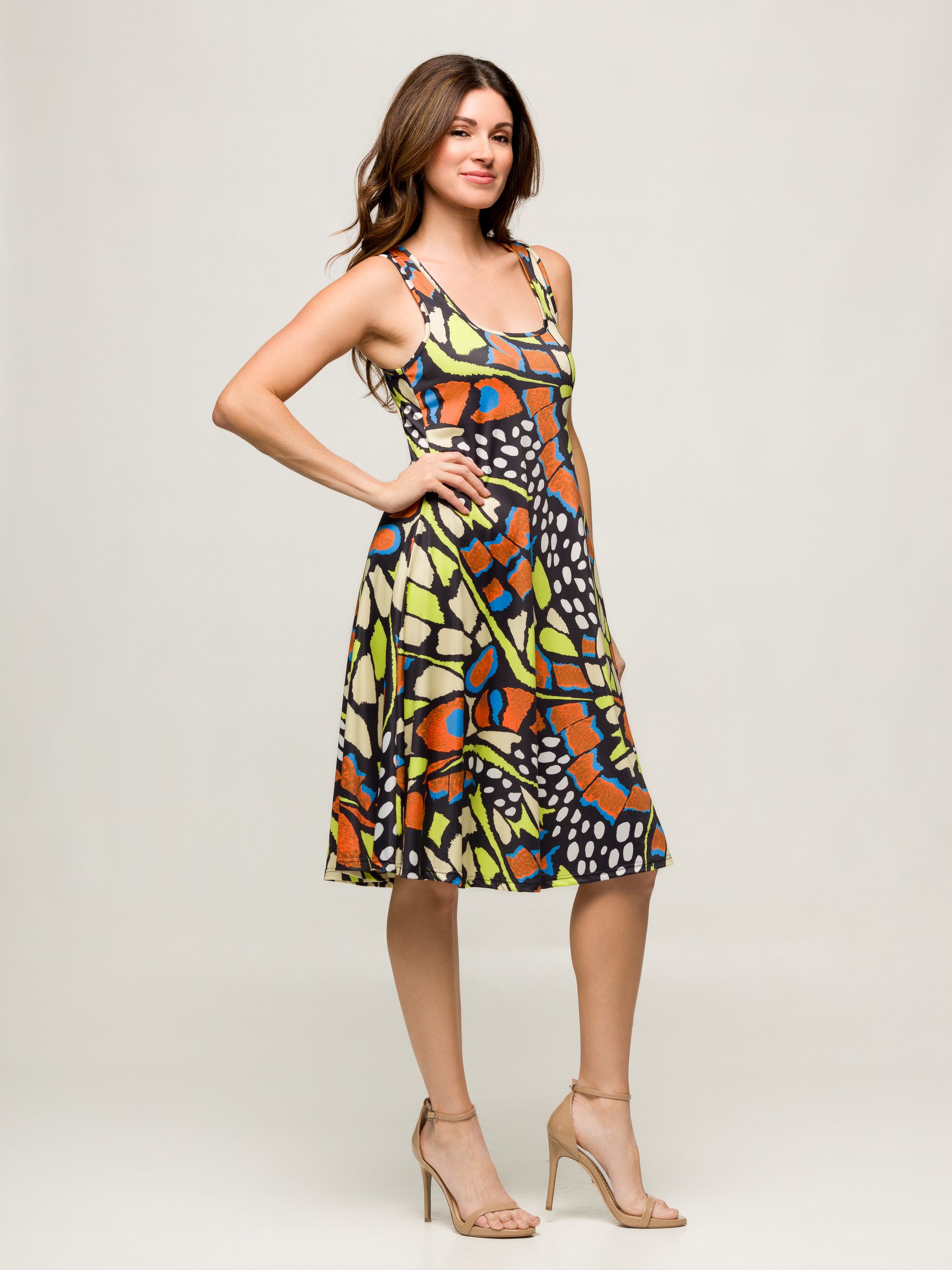 24seven Comfort Apparel Womens Butterfly Print Sleeveless Knee Length Tank Swing Dress
