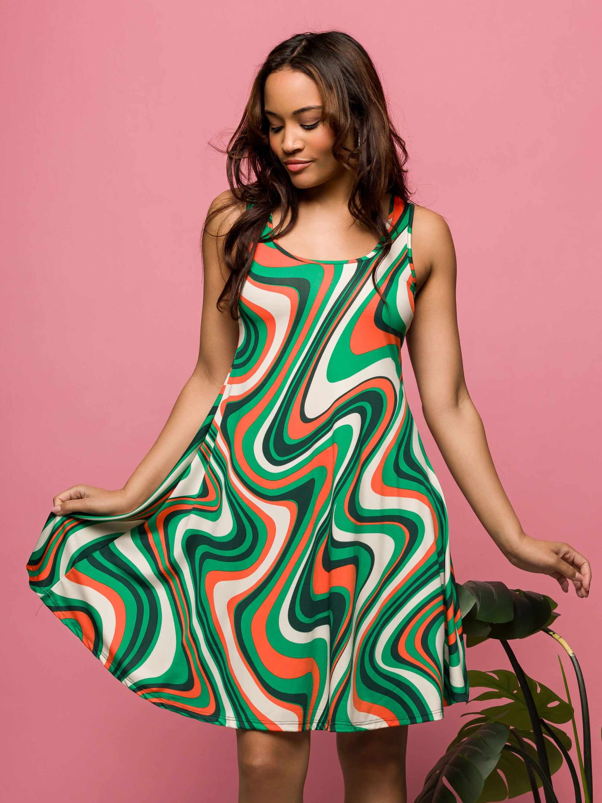 24seven Comfort Apparel Womens Green Print Sleeveless Knee Length Tank Swing Dress