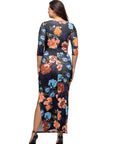 Black Floral Three Quarter Sleeve Side Slit Maxi Dress