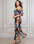 Black Floral Three Quarter Sleeve Side Slit Maxi Dress