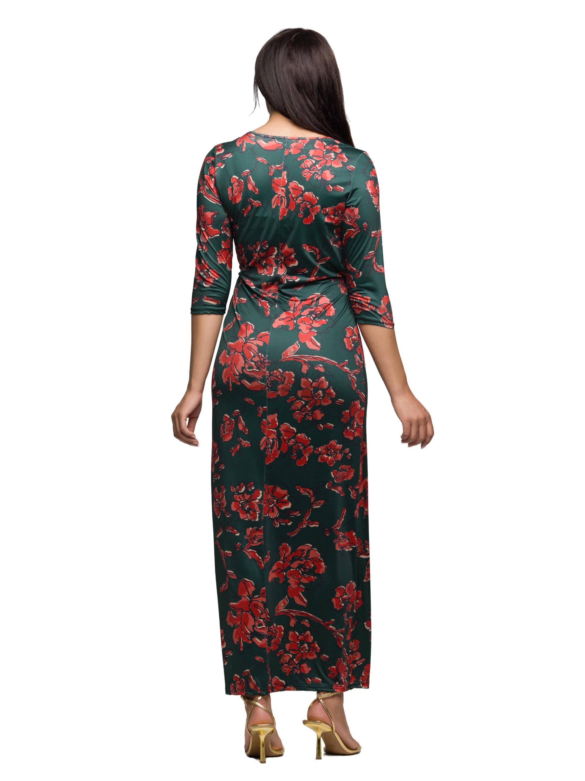 24seven Comfort Apparel Green Floral Print Three Quarter Sleeve Side Slit Maxi Dress