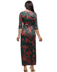 24seven Comfort Apparel Green Floral Print Three Quarter Sleeve Side Slit Maxi Dress