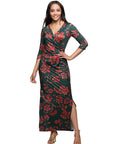 24seven Comfort Apparel Green Floral Print Three Quarter Sleeve Side Slit Maxi Dress