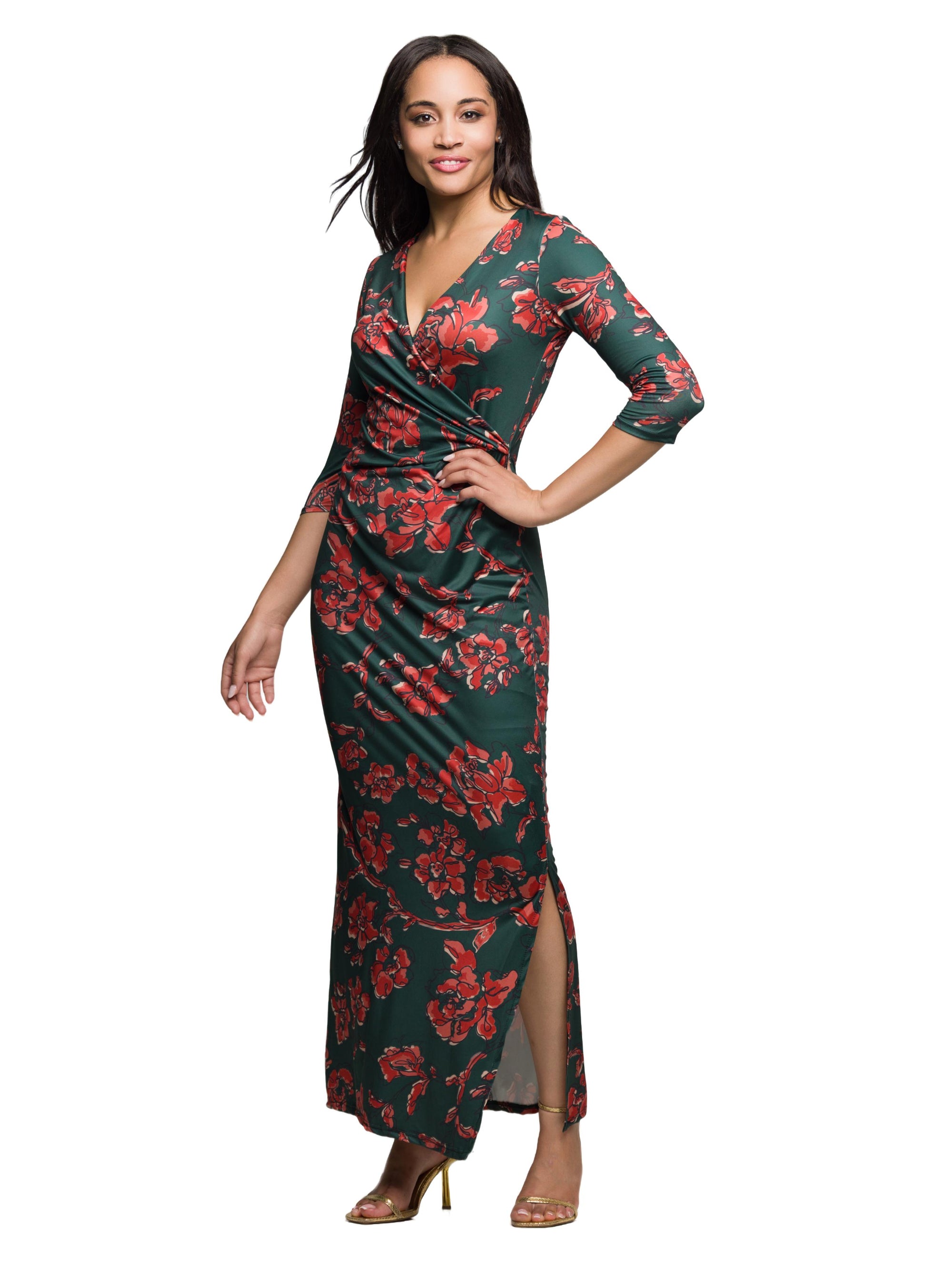 24seven Comfort Apparel Green Floral Print Three Quarter Sleeve Side Slit Maxi Dress