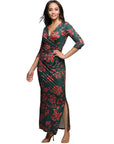 24seven Comfort Apparel Green Floral Print Three Quarter Sleeve Side Slit Maxi Dress