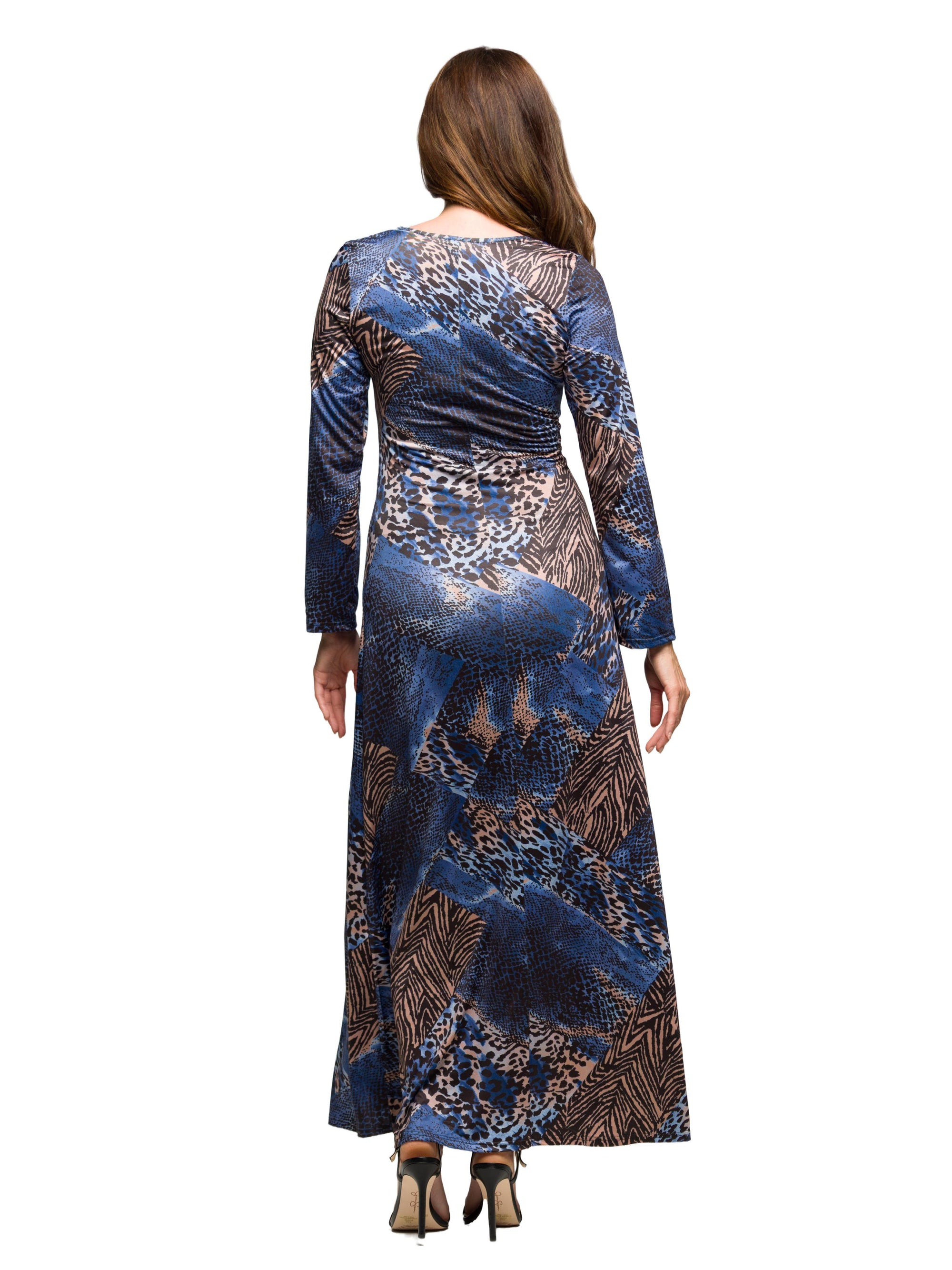 24seven Comfort Apparel Blue Animal Print Long Sleeve Scoop Neck Maxi Dress