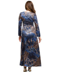 24seven Comfort Apparel Blue Animal Print Long Sleeve Scoop Neck Maxi Dress