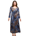 24seven Comfort Apparel Blue Animal Print Long Sleeve Scoop Neck Maxi Dress