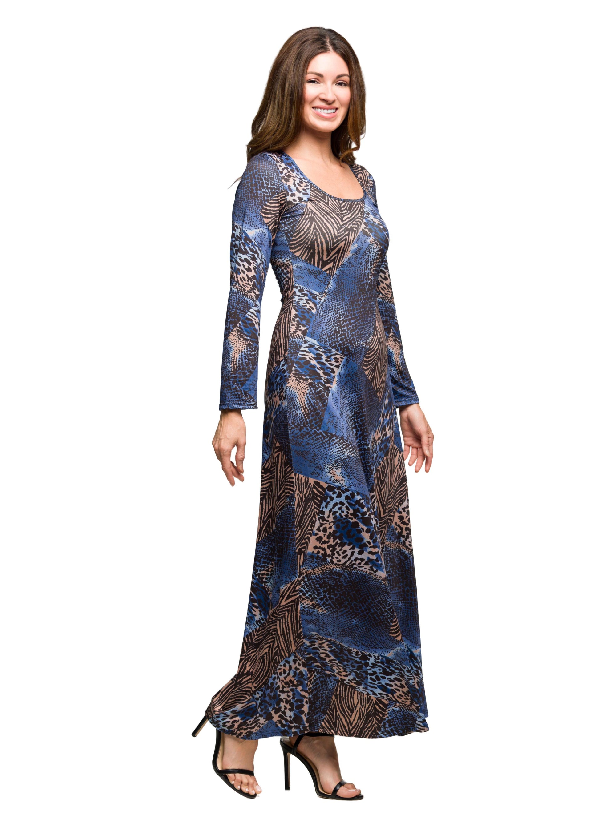 24seven Comfort Apparel Blue Animal Print Long Sleeve Scoop Neck Maxi Dress