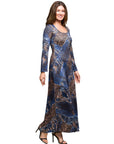 24seven Comfort Apparel Blue Animal Print Long Sleeve Scoop Neck Maxi Dress
