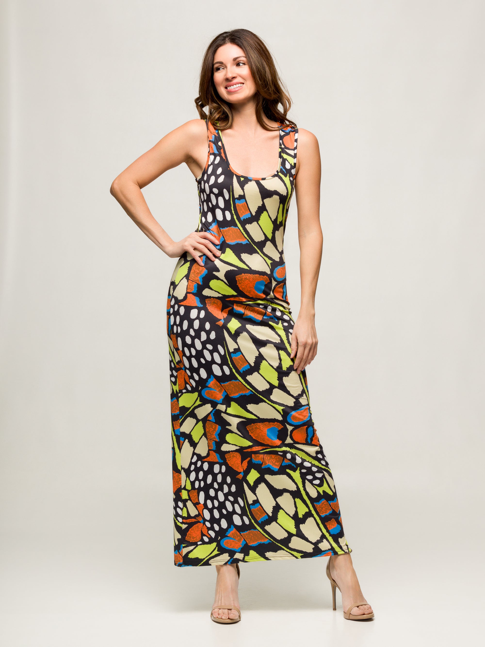24seven Comfort Apparel Bright Butterfly Print Womens Razorback Tank Casual Maxi Dress