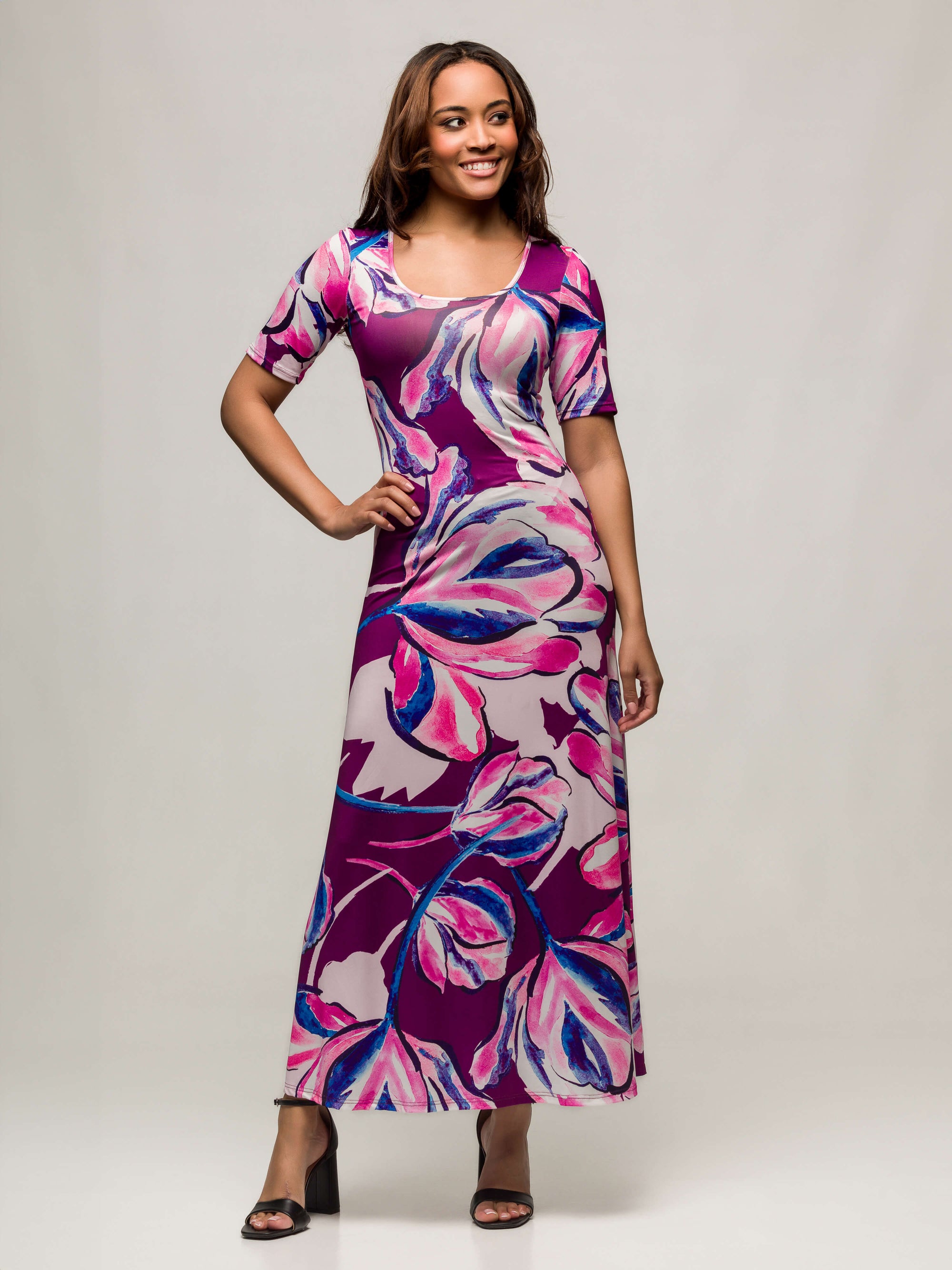 24seven Comfort Apparel Womens Purple Floral Print Elbow Sleeve Casual A Line Maxi Dress