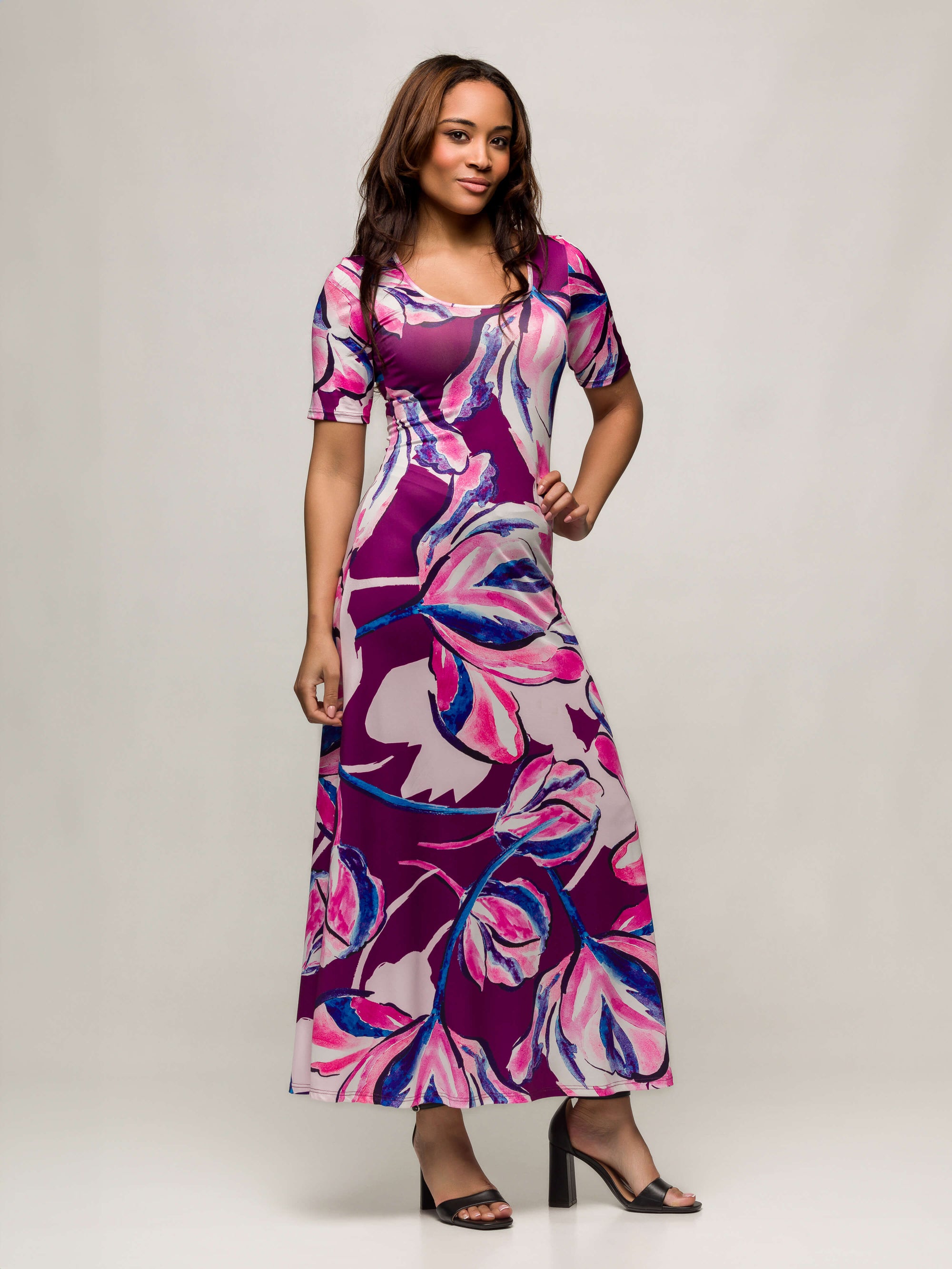 24seven Comfort Apparel Womens Purple Floral Print Elbow Sleeve Casual A Line Maxi Dress