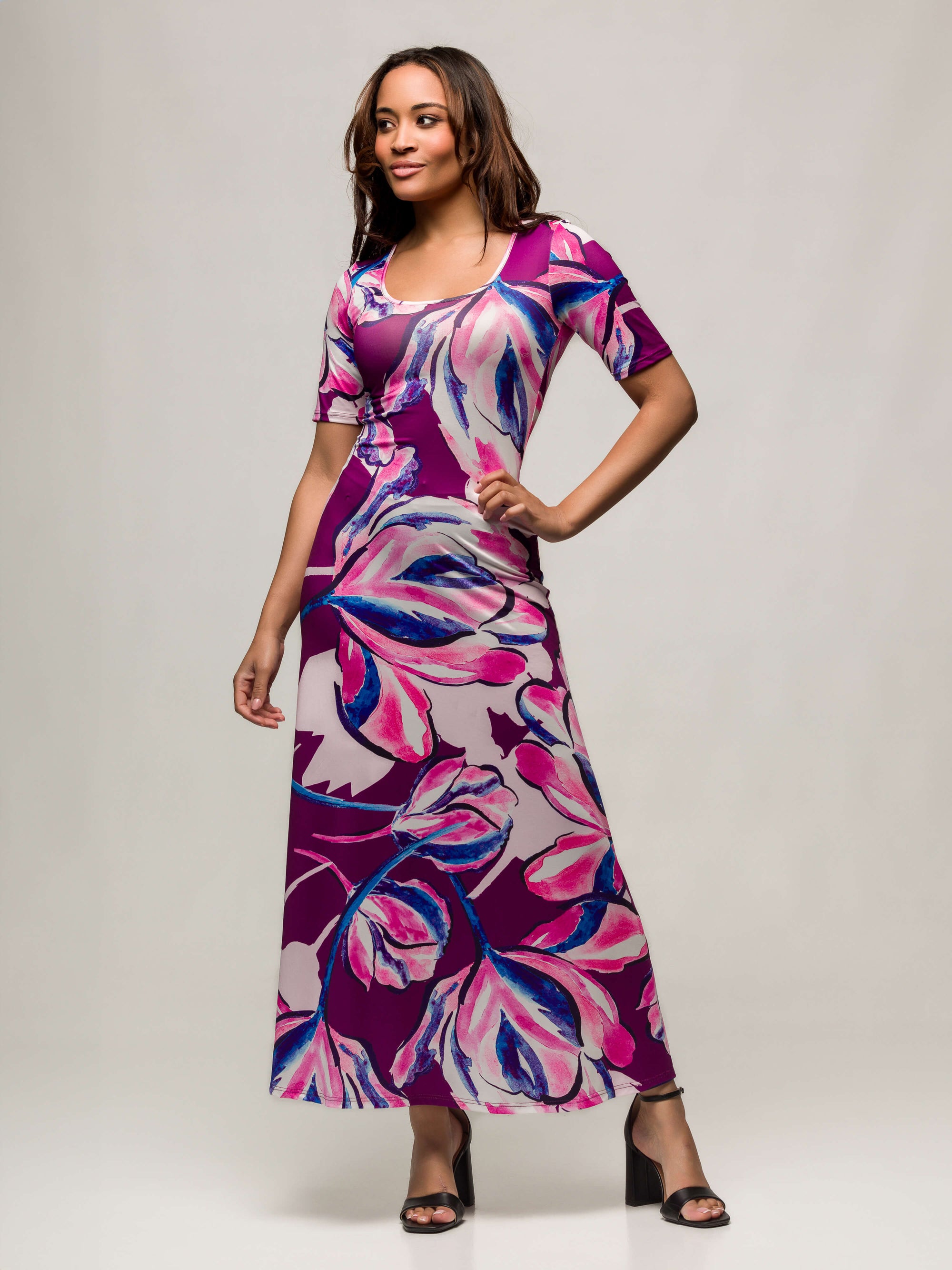 24seven Comfort Apparel Womens Purple Floral Print Elbow Sleeve Casual A Line Maxi Dress