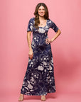 24seven Comfort Apparel Womens Blue Floral Print Elbow Sleeve Casual A Line Maxi Dress