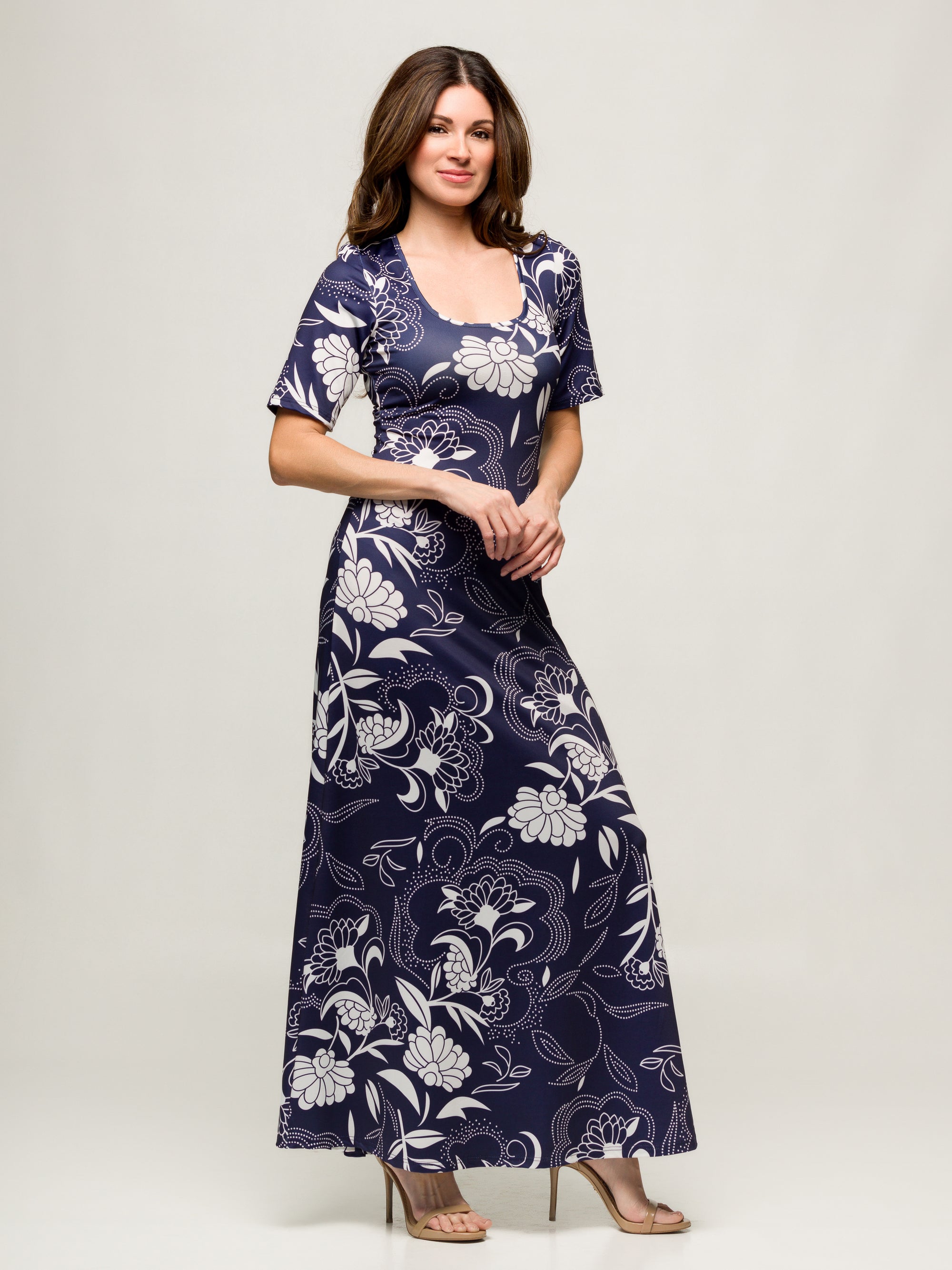 24seven Comfort Apparel Womens Blue Floral Print Elbow Sleeve Casual A Line Maxi Dress