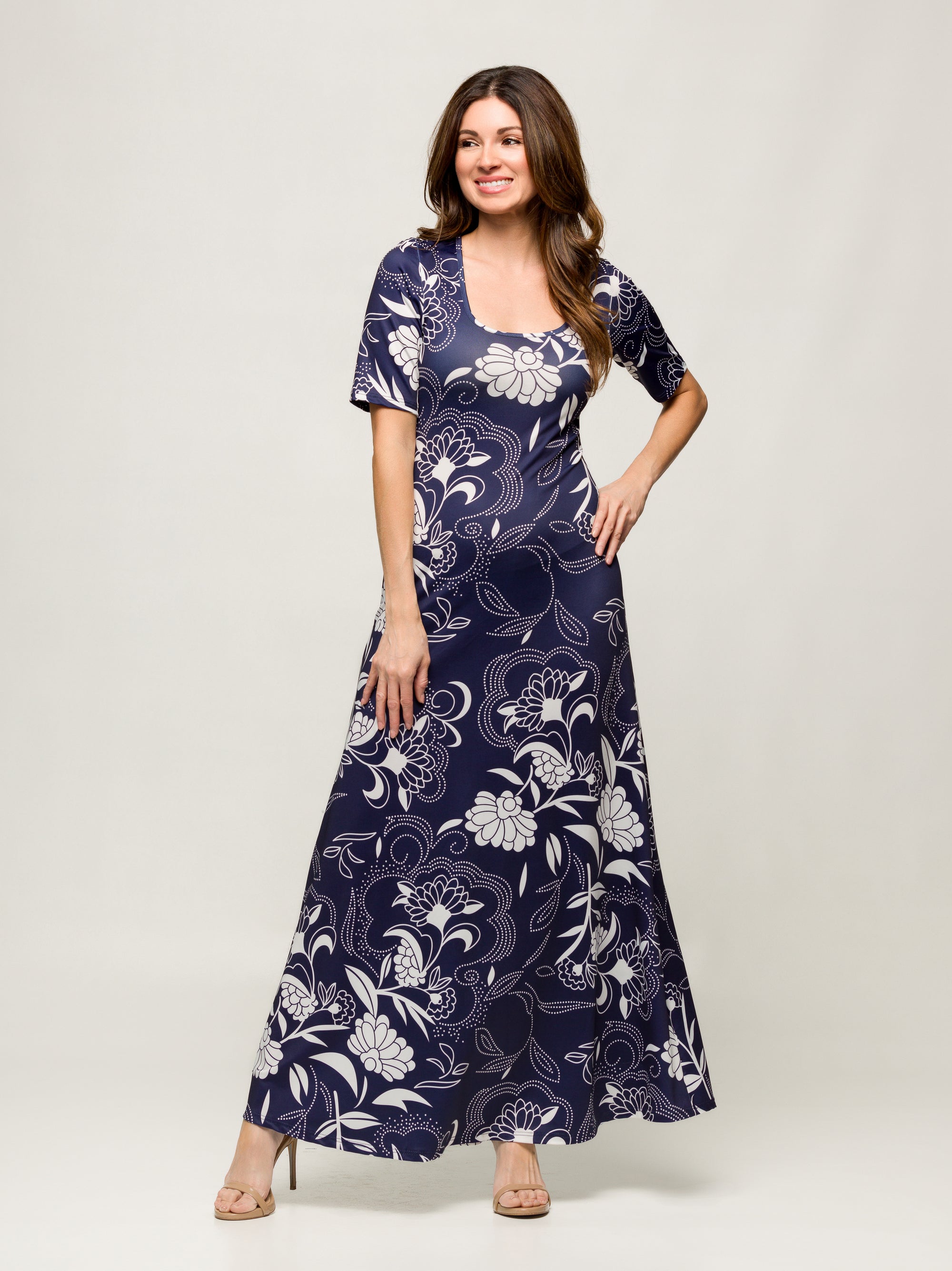 24seven Comfort Apparel Womens Blue Floral Print Elbow Sleeve Casual A Line Maxi Dress