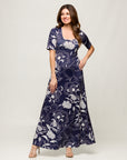 24seven Comfort Apparel Womens Blue Floral Print Elbow Sleeve Casual A Line Maxi Dress